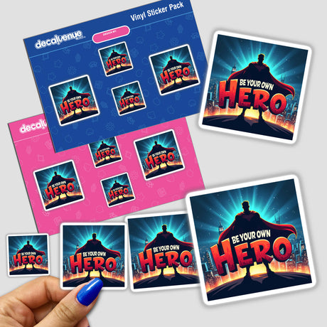 Hand holding a Be Your Own Hero sticker pack, showcasing motivational clipart designed for personal growth, available as stickers or digital artwork from Decal Venue.