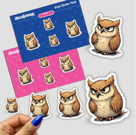 Cute Grumpy Owl sticker pack featuring cartoon owls with varying expressions, available as stickers or digital artwork.