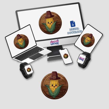 Kawaii Corn on the Cob in Pilgrim Hat Thanksgiving Design featured on laptop, smartwatch, and phone screens, highlighting its availability as stickers or digital artwork from Decal Venue.