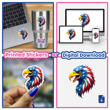 Collage of bird stickers including A Cool American Flag Eagle design, featuring an eagle with stars and stripes, suitable for laptops, cups, and more. Available as stickers or digital artwork.