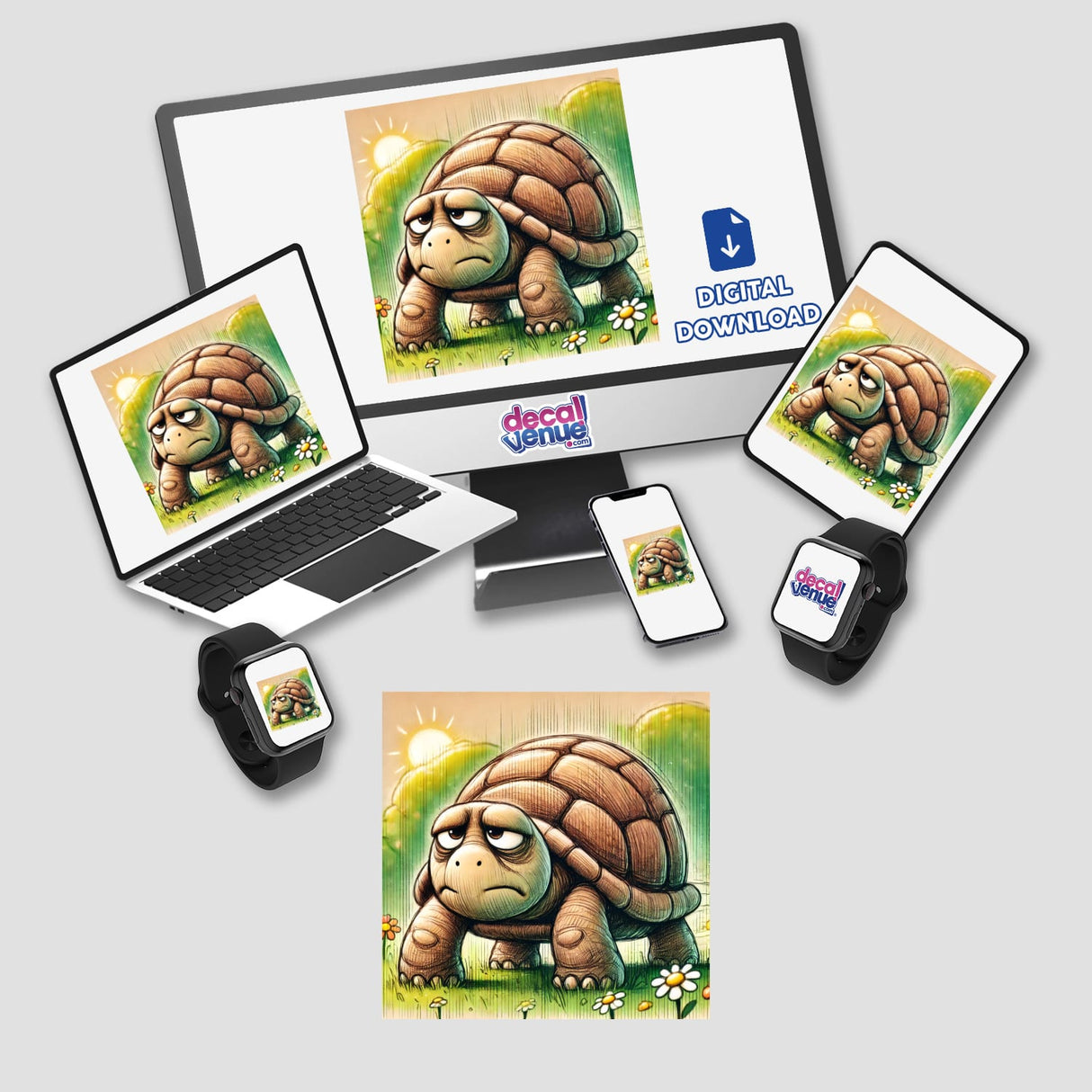 Grumpy Turtle in a Meadow displayed on a computer monitor and laptop, showcasing the design available as stickers or digital artwork from Decal Venue.