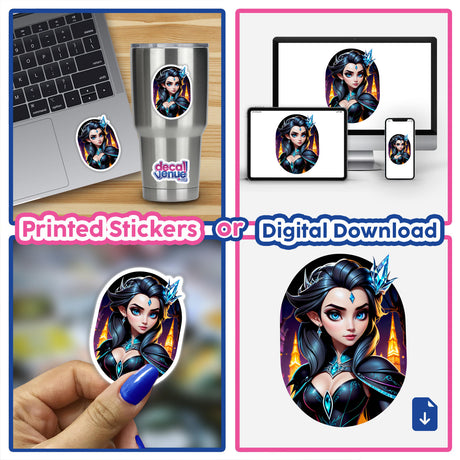 An Evil Queen Anime Girl depicted on a laptop screen alongside digital artwork options, highlighting her striking blue eyes and regal expression, available as stickers or digital artwork at Decal Venue.