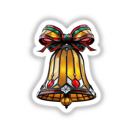 Holiday Bell Stained Glass Style sticker or digital artwork featuring a yellow bell adorned with a red bow, designed in a cartoon-like stained glass pattern, perfect for festive decorations.