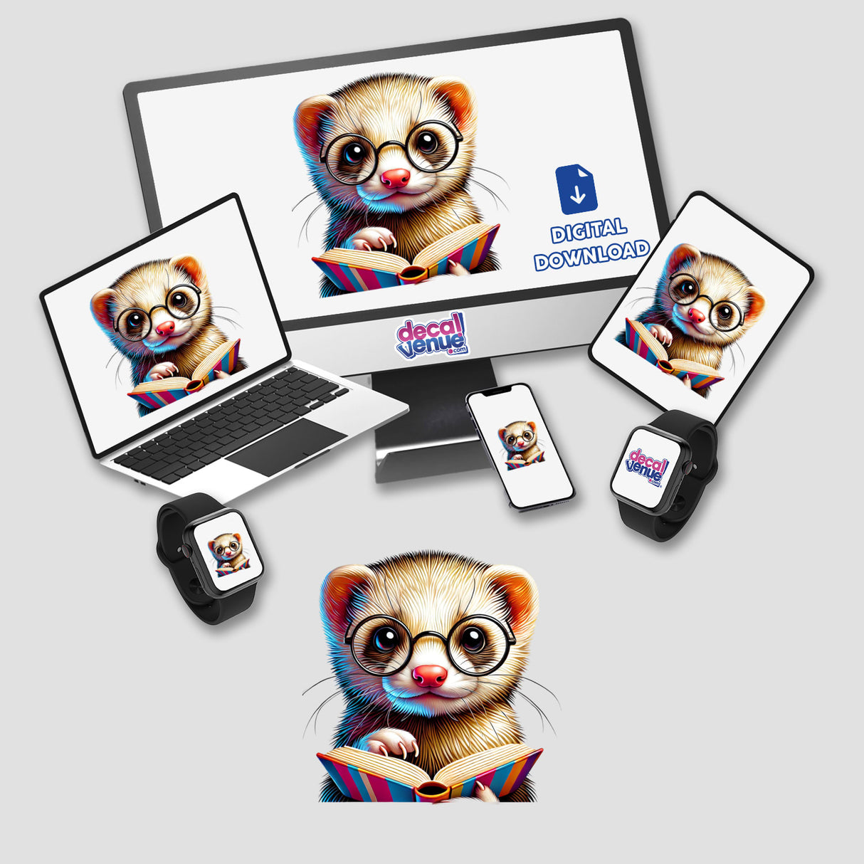 Ferret With Reading Glasses Open Book depicted as a cartoon animal reading, available as stickers or digital artwork, displayed on various devices including a monitor, laptop, and smartwatch.