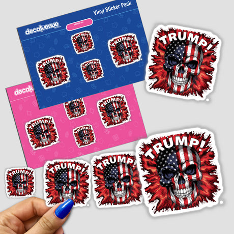 Striking Trump-themed digital artwork featuring a skull-faced American flag design and various sticker variations displayed on a Decal Venue product pack. The vibrant red, white, and blue colors create an impactful, patriotic aesthetic.