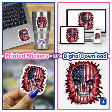 Patriotic skull artwork: Digitally rendered American flag-themed skull design featured on a laptop, phone screen, and as a sticker. Product available as printed sticker or digital download.