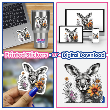 Kangaroo portrait with floral accents - digital artwork for stickers or downloads, available at Decal Venue's store featuring unique designs by PanzeeArt.