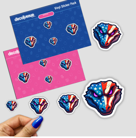 A Cool American Flag Alligator sticker, featuring a cartoon alligator with an American flag design, held by a hand with blue nail polish. Ideal as a sticker or digital artwork.