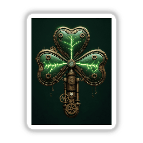 Steampunk Shamrock – Mechanical Clover with Gears and Glowing Veins, showcasing intricate gears and luminous veins, ideal as a sticker or digital art for steampunk enthusiasts.