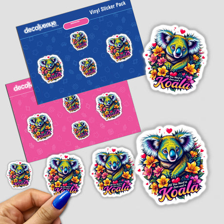 Sticker pack titled Koala Love featuring colorful koalas adorned with flowers, held in a hand. Available as stickers or digital artwork from Decal Venue.