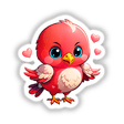 Cute cartoon of a pink bird with a yellow beak and blue eyes, surrounded by love hearts. Available as stickers or digital artwork.