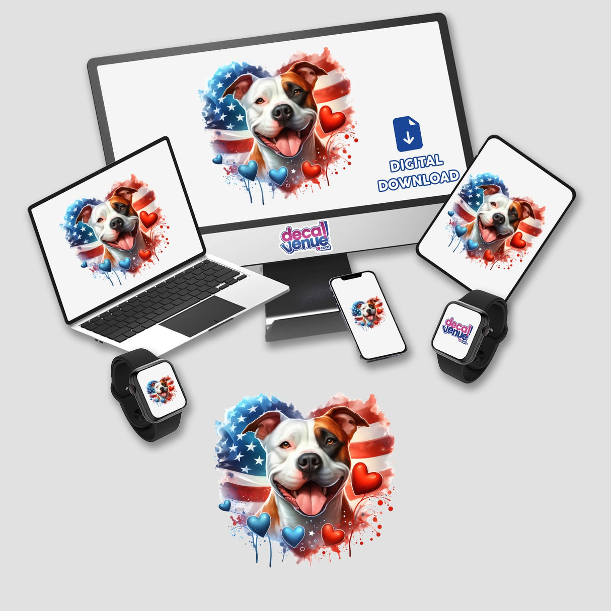 Colorful patriotic Pitbull dog digital artwork with American flag design across multiple devices including computer, laptop, smartphone, and smartwatch