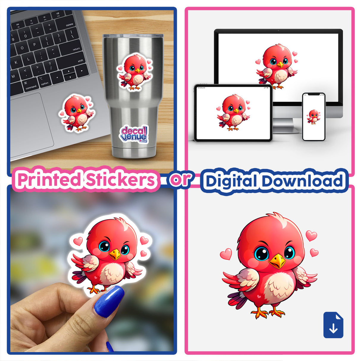 A collage featuring A Cute Little Bird With Love Hearts sticker on various surfaces, including a laptop and a cup, highlighting its playful cartoon design.