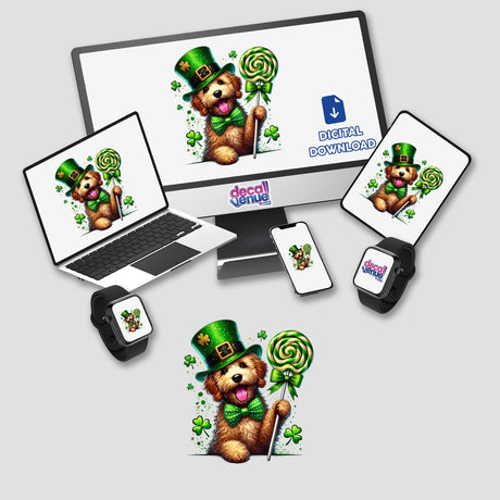 St Patricks Goldendoodle Dog Holding Lollipop depicted on computer screens and devices, showcasing the design available as unique stickers or digital artwork from Decal Venue.