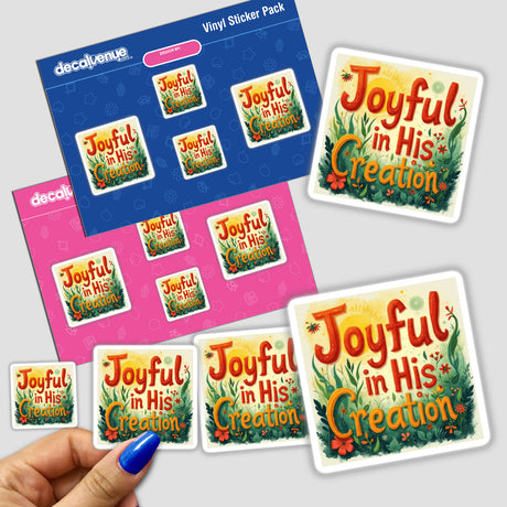 Hand holding a sticker pack titled Joyful in His Creation - Genesis 1:31 Christian Sticker, featuring inspirational Bible verse clipart suitable for commercial use, available as stickers or digital artwork.