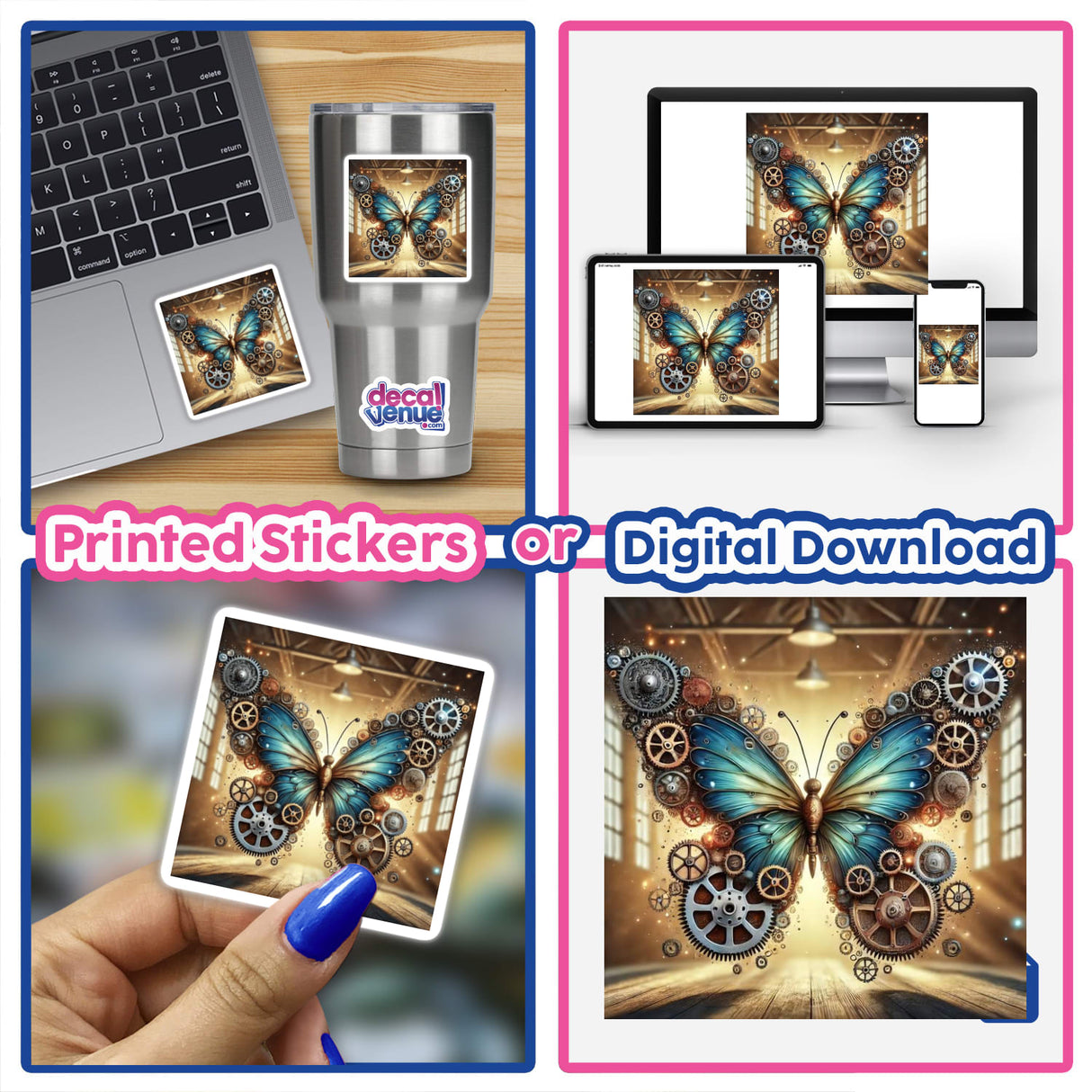 Mechanical Butterfly - Wings of Gears and Cogs: A close-up of a hand holding intricate butterfly stickers and digital download, featuring detailed gears and cogs on a laptop screen.