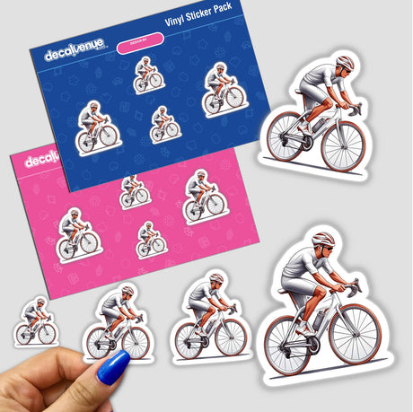 Assortment of vinyl cyclist stickers on white background, featuring various cyclist figures in riding poses, showcasing the diverse digital artwork available at Decal Venue, an online store specializing in unique stickers and digital designs.