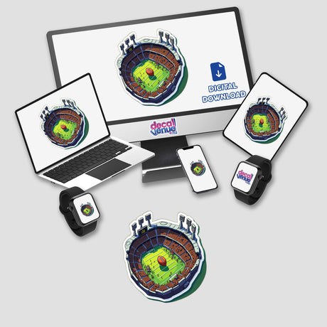 Computer monitor and laptop displaying a cartoon of a football stadium, labeled Futebol Americano Um, available as stickers or digital artwork.