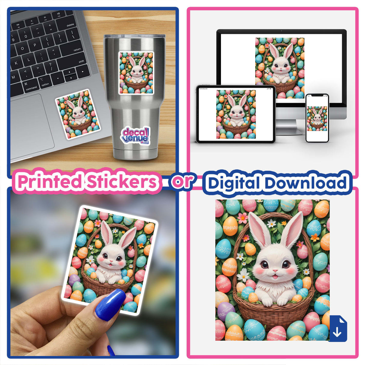 A collage featuring A Cute Easter Bunny In A Basket With Eggs as a laptop decal and digital artwork, offered by Decal Venue, known for unique vinyl stickers and digital art.