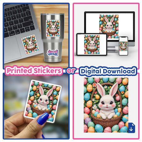 A collage featuring A Cute Easter Bunny In A Basket With Eggs as a laptop decal and digital artwork, offered by Decal Venue, known for unique vinyl stickers and digital art.