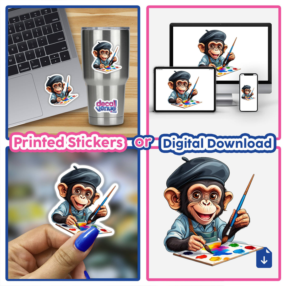 Artistic Chimpanzee Painting with Vibrant Palette: A cartoon monkey holding a paintbrush and palette, available as a sticker or digital artwork, ideal for creative expression.