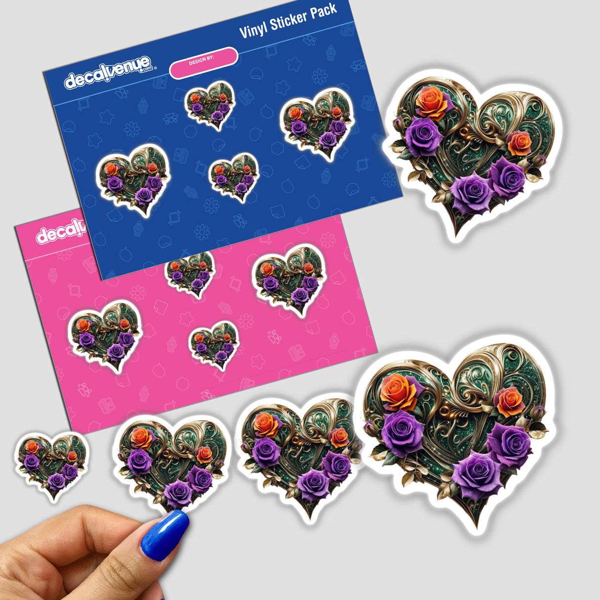 Gold Swirl Heart with Purple and Orange Roses sticker pack, featuring heart-shaped designs adorned with floral motifs, captured in close-up. Perfect for embellishing items with a unique, artistic touch.