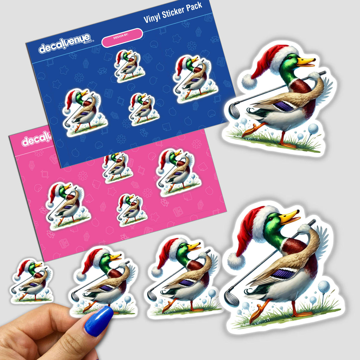 Mallard Duck Santa Swinging Golf Club II sticker pack featuring cartoon ducks with Santa hats and golf clubs, available as stickers or digital artwork from Decal Venue.