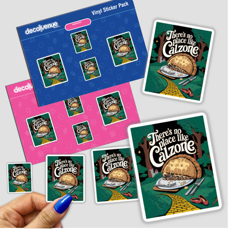 There’s No Place Like Calzone sticker featuring a playful parody of an iconic movie line, styled with a sandwich illustration. Ideal for National Calzone Day, from Decal Venue's unique sticker collection.