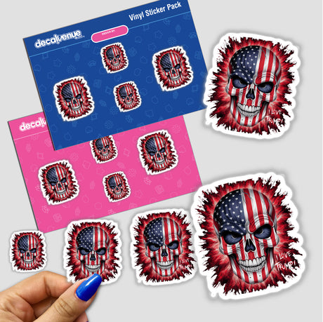 Patriotic American flag-themed skull stickers in a digital artwork pack. The stickers feature intricate skull designs with the U.S. flag pattern, showcasing a bold and edgy style.