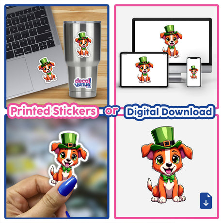 St. Patrick's Day Puppy sticker featuring a cartoon dog with a green hat, available as unique stickers or digital artwork from Decal Venue.