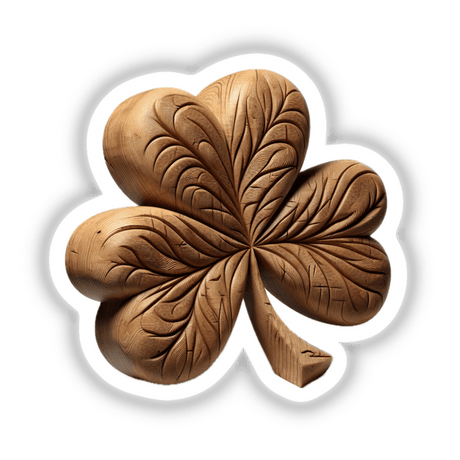 Carved Wood Shamrock: A detailed wooden clover carving with a white border, offered as unique stickers or digital artwork, embodying Decal Venue's dedication to unique art pieces.