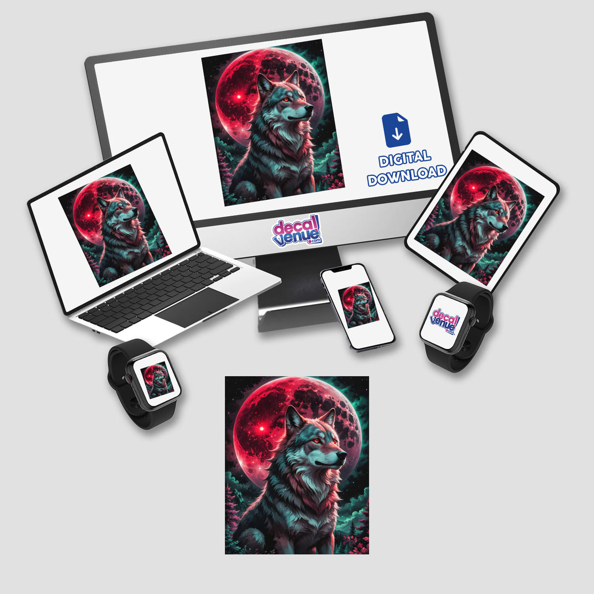 A Wolf In The Night With A Blood Moon displayed on various devices, showcasing a wolf with red eyes and a red moon, available as stickers or digital artwork.