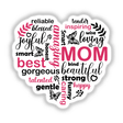 Colorful heart-shaped image featuring positive words and phrases describing a loving, kind, and inspirational mother. The image includes terms such as "reliable", "blessed", "joyful", "smart", "best", "gorgeous", "talented", "gentle", "beautiful", "strong", and "happy" to celebrate mothers.