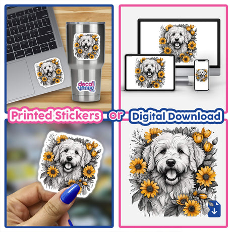 Adorable golden-doodle portrait surrounded by colorful sunflowers in a digital artwork design, available as printed stickers or digital download from Decal Venue's store.