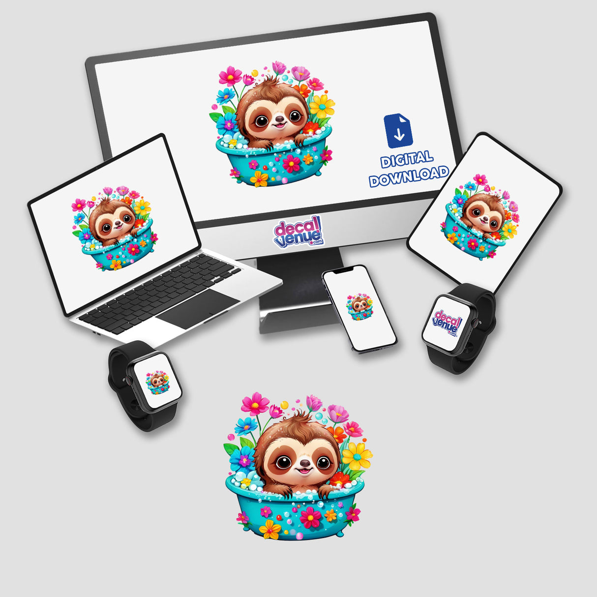 Cute Sloth in Vintage Bathtub artwork displayed on a computer monitor and laptop, featuring a cartoon sloth relaxing in an ornate bathtub with flowers. Available as stickers or digital artwork.