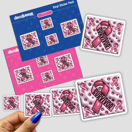 Gold Breast Cancer Series 17 stickers featuring pink ribbons and dots, showcasing a collection of designs including black text on pink ribbons, close-ups of fingernails, and blue nail painting.