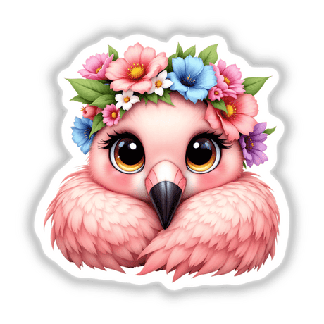 Charming Flamingo with a Flower Crown: A whimsical cartoon of a bird adorned with flowers on its head, available as stickers or digital artwork.