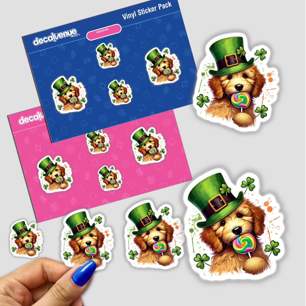 Stickers featuring a St Patricks Goldendoodle Dog Eating Lollipop, adorned with clovers and a festive hat, available as unique stickers or digital artwork.