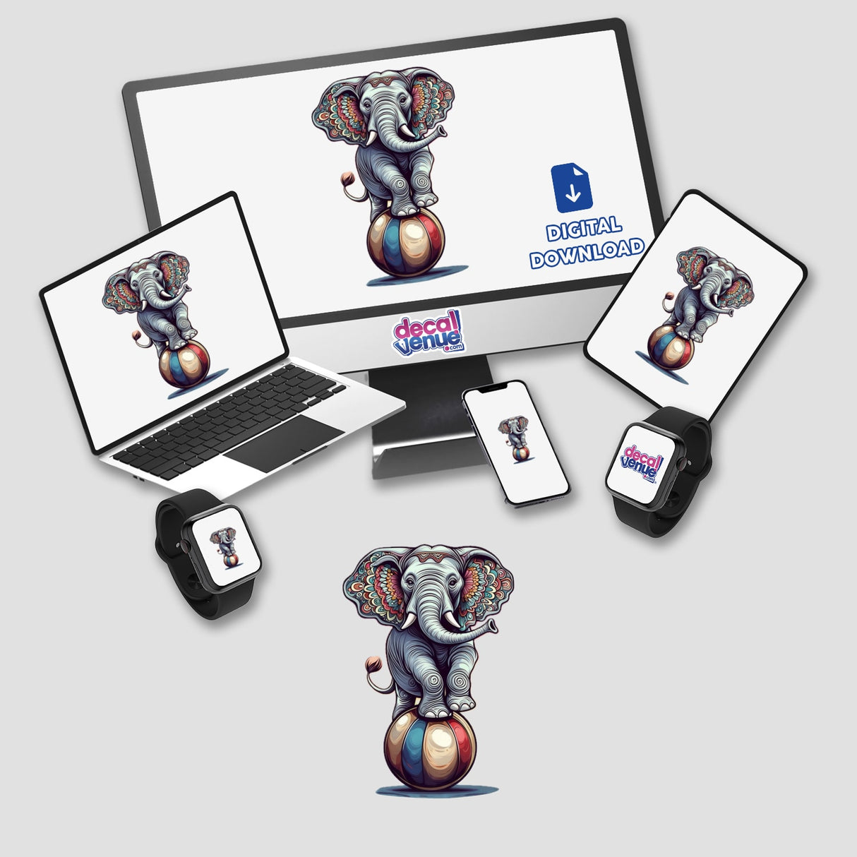 Ornate Circus Elephant Balancing on Ball with Vibrant Mandala Ears displayed on various devices, highlighting its availability as unique stickers or digital artwork from Decal Venue.