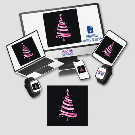 Pink Ribbon Christmas Tree design displayed on various electronic devices, available as stickers or digital artwork.