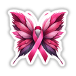 Butterfly Pink Ribbon Breast Cancer sticker or digital art featuring a pink ribbon with wings, accented by purple feathers, ideal for spreading awareness.