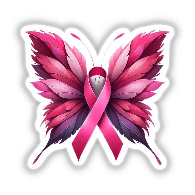 Butterfly Pink Ribbon Breast Cancer sticker or digital art featuring a pink ribbon with wings, accented by purple feathers, ideal for spreading awareness.