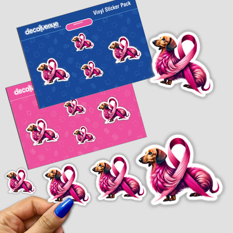 Pink Ribbon Dachshund Dog Breast Cancer stickers featuring cartoon dachshunds with pink ribbons. Available as stickers or digital artwork, perfect for awareness and support.