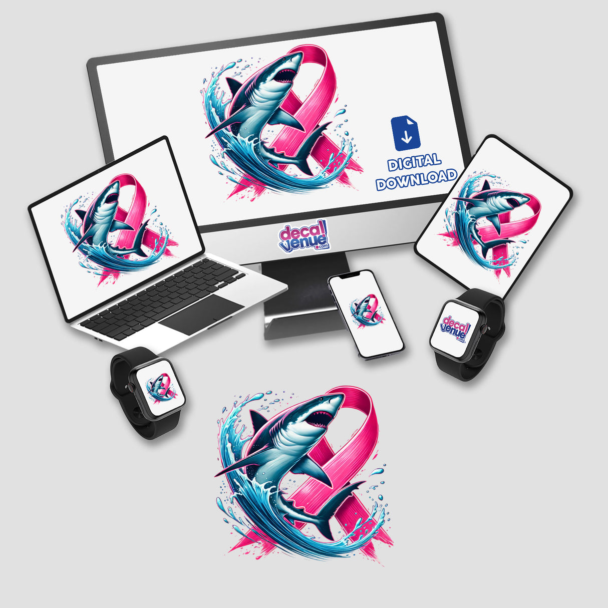 Shark Pink Ribbon Breast Cancer design on various devices, including a computer monitor, laptop, and smart watch, highlighting the shark logo with a pink ribbon, available as stickers or digital artwork.