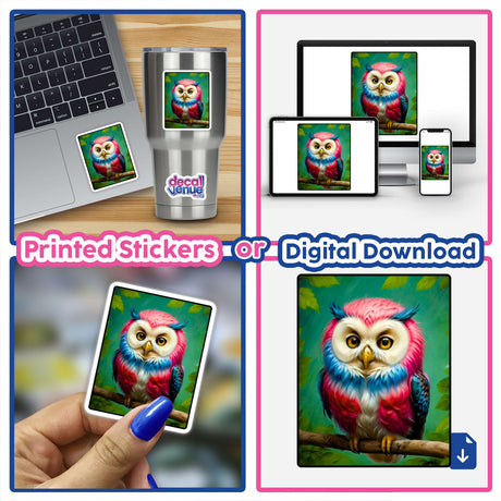 Pretty Little Owl of Colors sticker displayed on a laptop, showcasing a vibrant owl design. Available as a sticker or digital artwork, ideal for personalizing devices and expressing creativity.