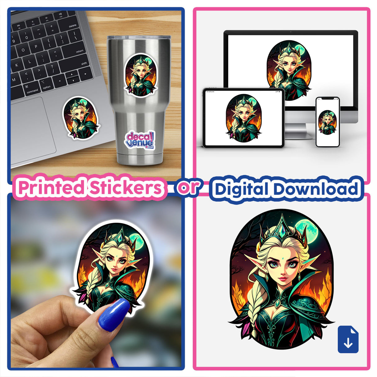 Collage featuring 'An Evil Queen Anime Girl' with a crown and cape. Available as stickers or digital artwork, showcasing the character on items like a laptop and silver cup.