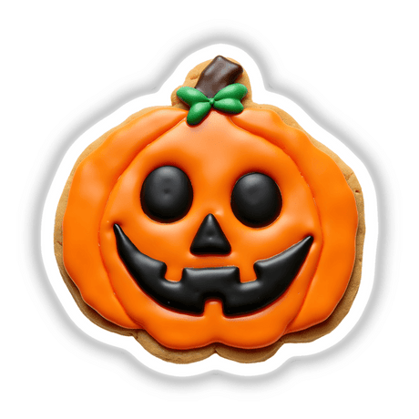 Pumpkin Shaped Cookie with Orange Icing and Black Jack-o-Lantern Face, perfect for Halloween-themed stickers or digital artwork from Decal Venue.