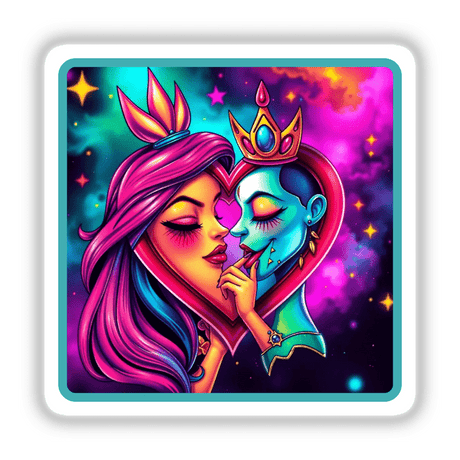 Couples in Love Series The Captivates: Cartoon art featuring whimsical characters, including a woman kissing a man and two women with pink hair, available as unique stickers or digital artwork.