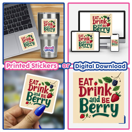 Eat, Drink, and Be Berry Thanksgiving Sticker & Clipart featuring a laptop adorned with a berry-themed sticker, highlighting its use as both a decorative and digital product.