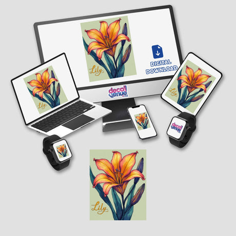 Personalized Lily Sticker or Clipart featuring a detailed flower design on a computer monitor and laptop screen, illustrating custom floral art with commercial rights for Decal Venue.